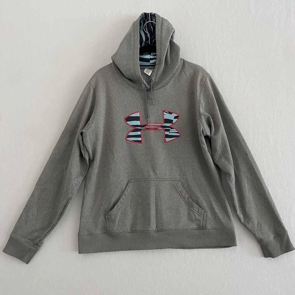 Under Armour Hooded Hoodie Sweatshirt Women's Large Gray Light Blue Striped